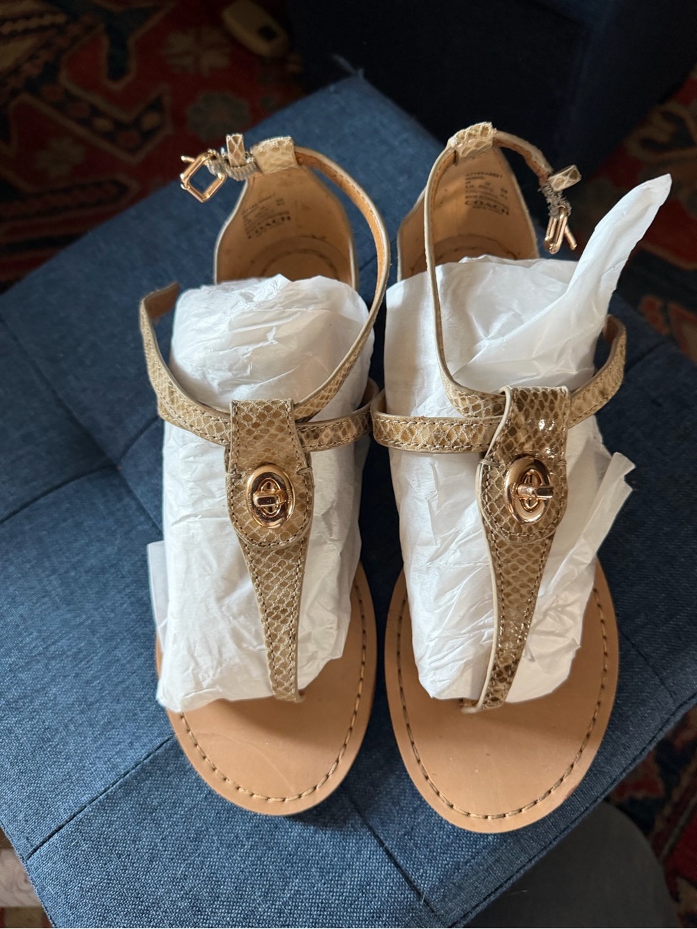 Coach Gold Metallic Snake-Embossed T-Strap Sandals